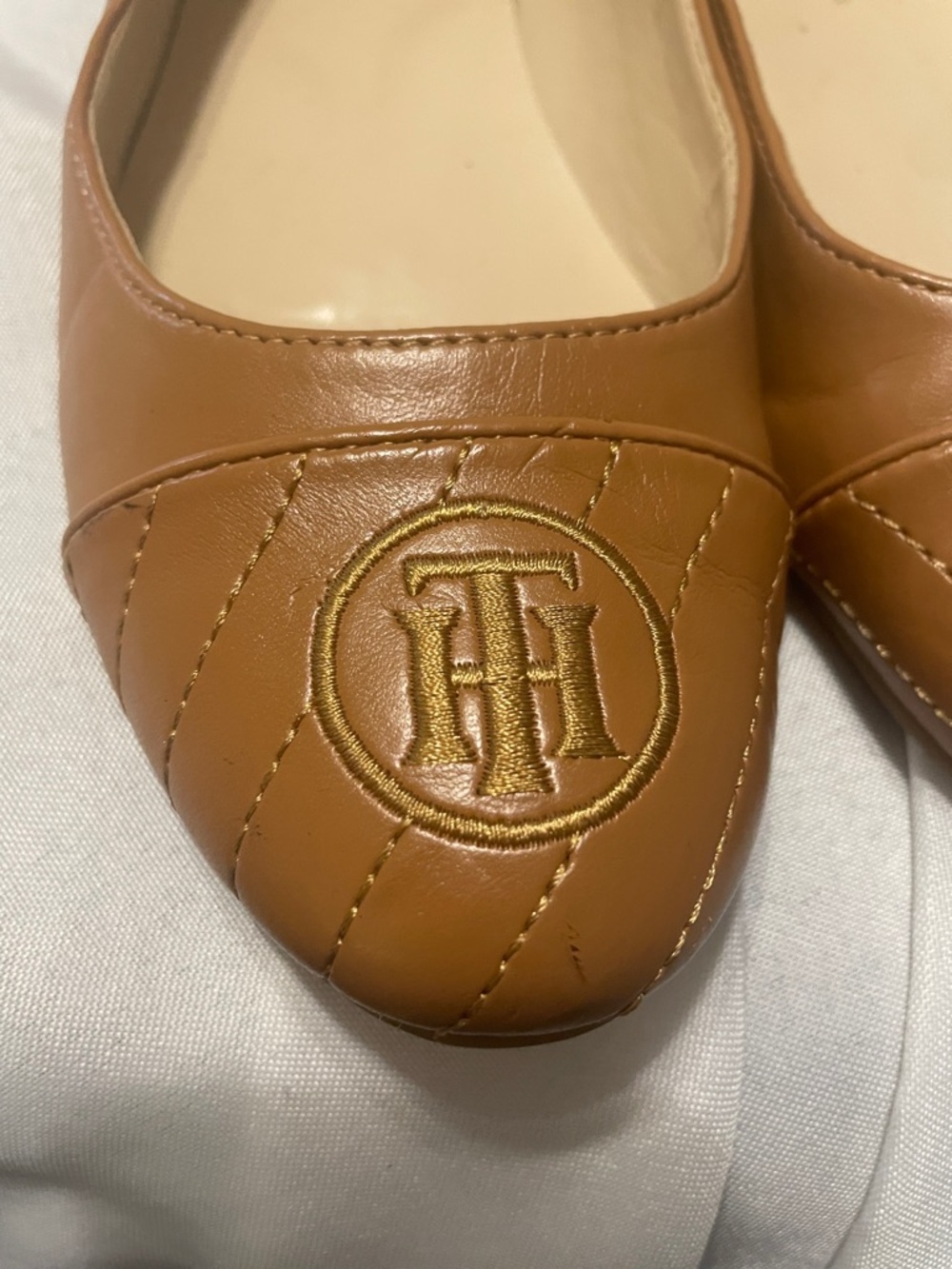 Tommy Hilfiger Quilted Cognac Leather Ballet Flats with Gold Logo